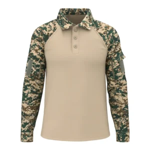 Army Tactical Polo T-Shirt front view, showing camouflage sleeves and beige torso for military use.