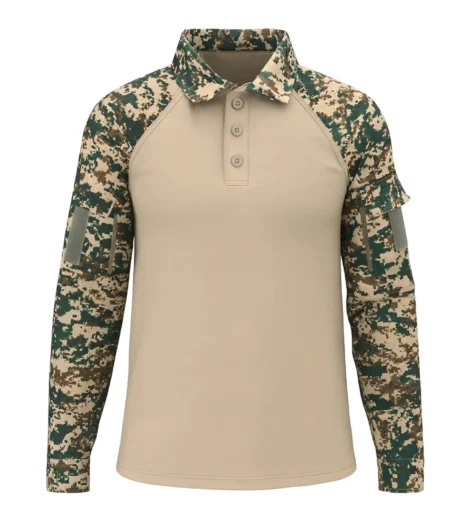 Army Tactical Polo T-Shirt front view, showing camouflage sleeves and beige torso for military use.