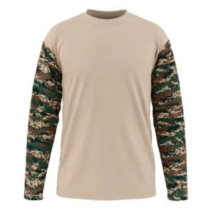 Army Tactical Round Neck T-Shirt in beige with digital camouflage sleeves, front view. Highlights the round neck, tactical utility pocket on the sleeve, and main color/pattern.