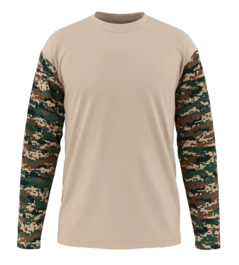 Army Tactical Round Neck T-Shirt in beige with digital camouflage sleeves, front view. Highlights the round neck, tactical utility pocket on the sleeve, and main color/pattern.