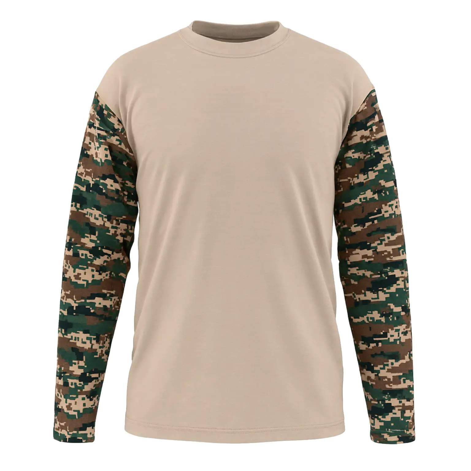 Army Tactical Round Neck T-Shirt in beige with digital camouflage sleeves, front view. Highlights the round neck, tactical utility pocket on the sleeve, and main color/pattern.