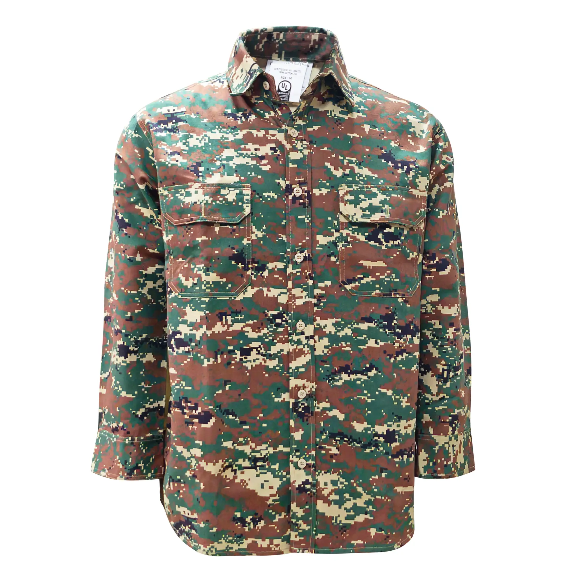 Digital Camo Shirt made from 100% cotton FRC 700 fabric, 250 GSM, flame-resistant and antistatic for defence and tactical use.