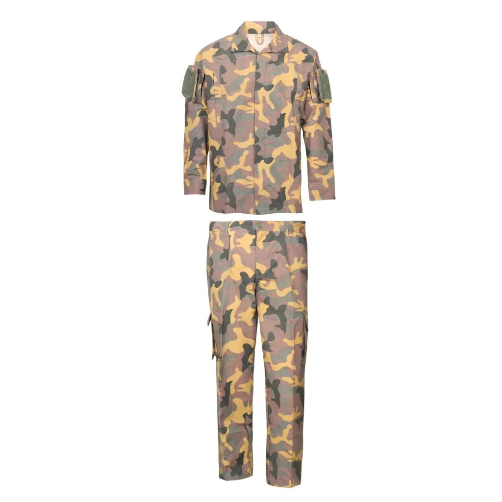 Full image of a Forest Camouflage Combat Suit (Jacket and Trousers) made from FRC 700 Flame Resistant (FR) fabric for defense forces tactical operations.