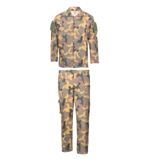 Full image of a Forest Camouflage Combat Suit (Jacket and Trousers) made from FRC 700 Flame Resistant (FR) fabric for defense forces tactical operations.
