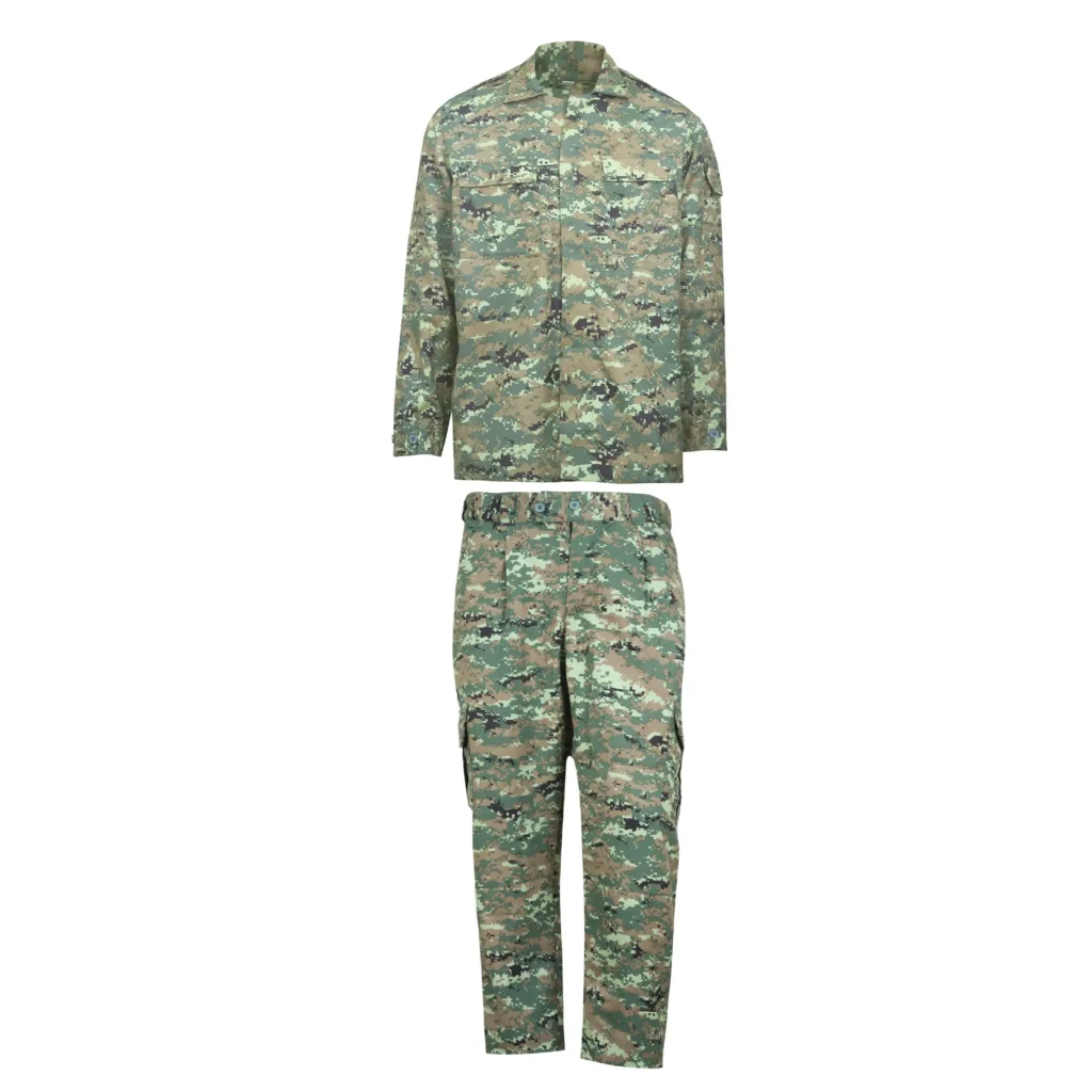 Full image of a Greenland digital camouflage combat uniform suit, made from NFPA-compliant Aramid flame-resistant fabric, featuring a long-sleeve jacket with shoulder pockets and matching tactical trousers.