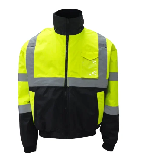 Hi-Vis Winter Parka made from 100% polyester PU-coated 300D fabric, 150 GSM, waterproof and high-visibility safety jacket for winter protection.