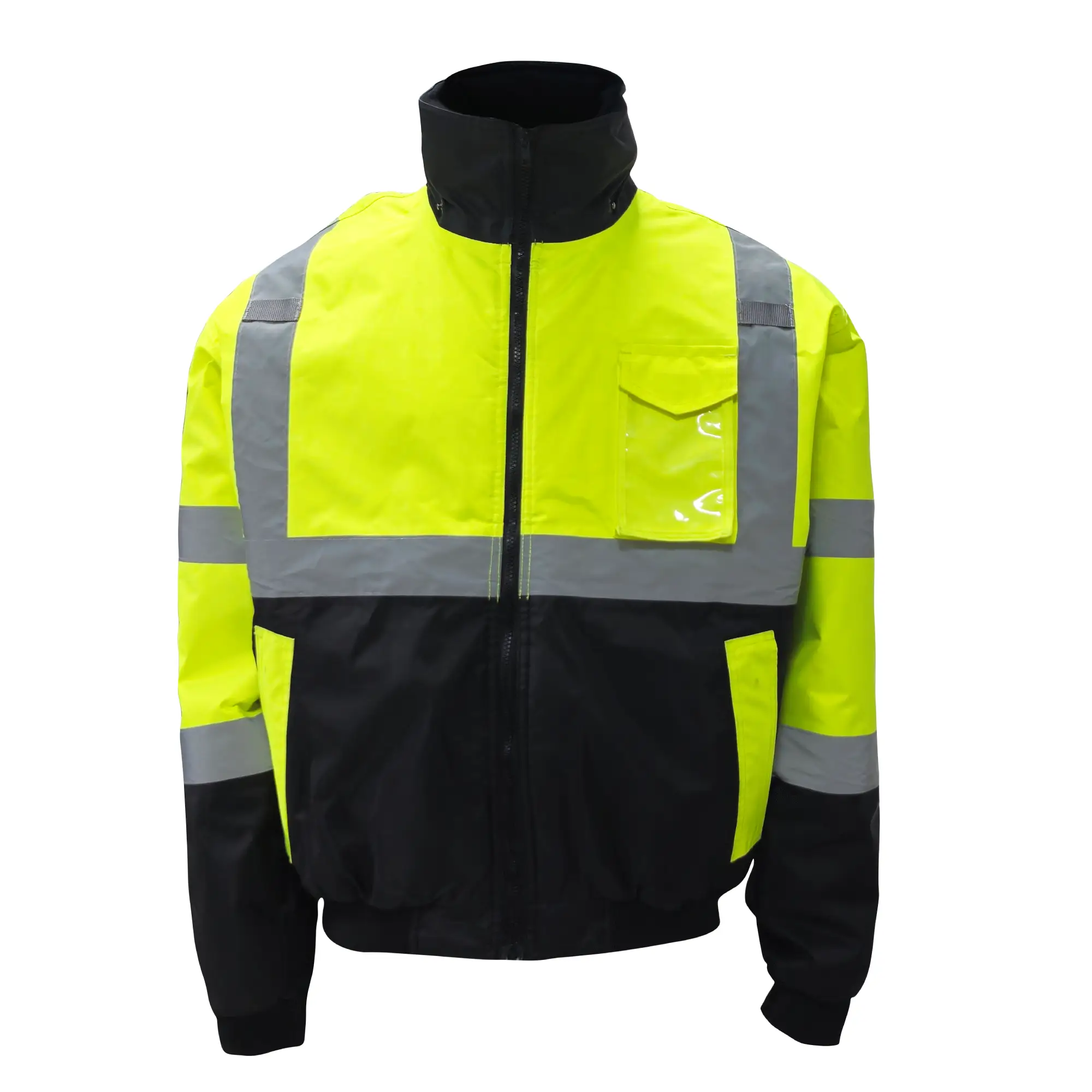 Hi-Vis Winter Parka made from 100% polyester PU-coated 300D fabric, 150 GSM, waterproof and high-visibility safety jacket for winter protection.