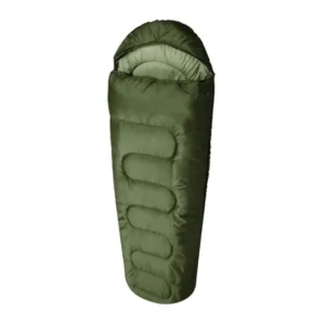 Military mummy sleeping bag in olive green with a padded hood and full-length zipper, designed for tactical or cold weather use.