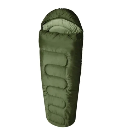 Military mummy sleeping bag in olive green with a padded hood and full-length zipper, designed for tactical or cold weather use.