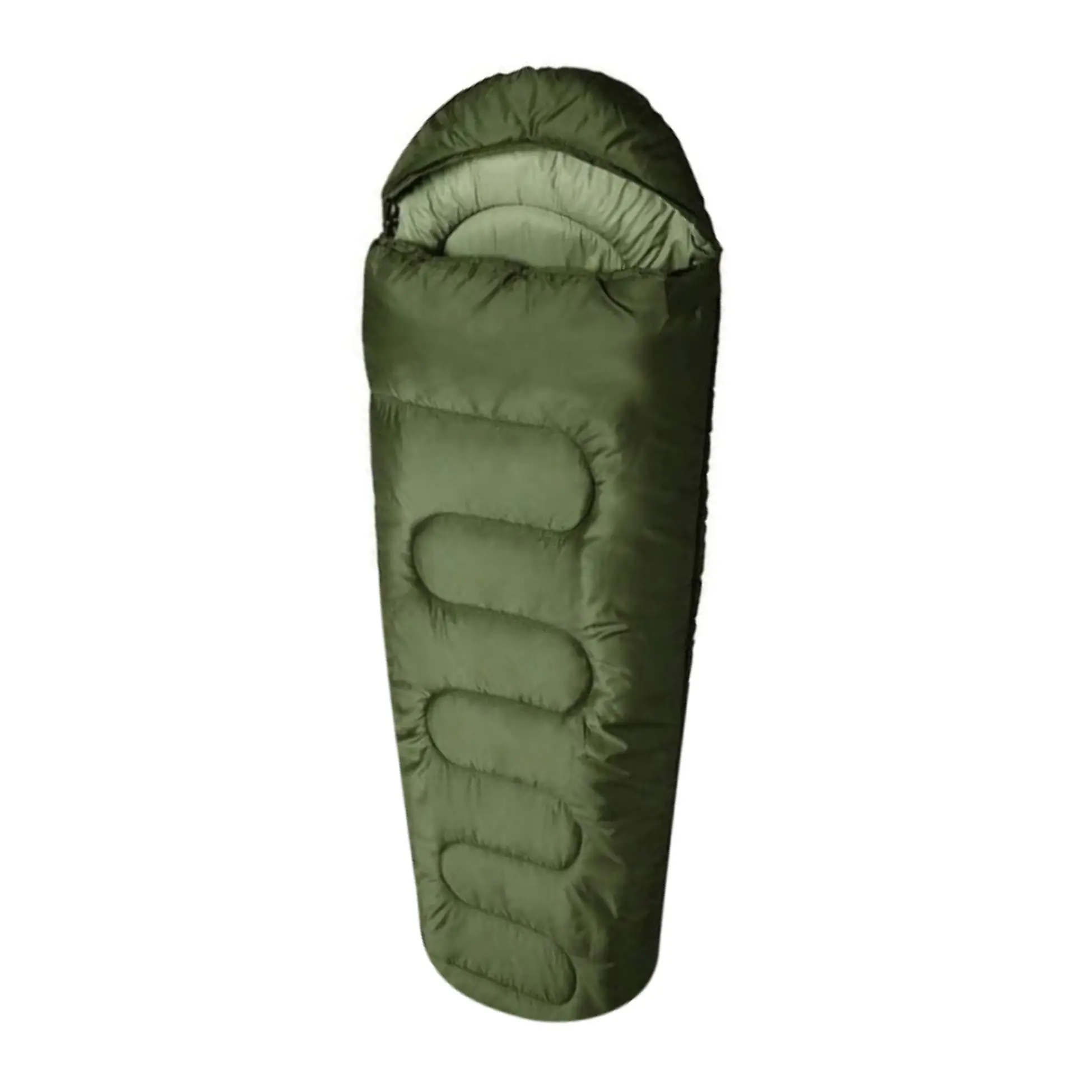 Military mummy sleeping bag in olive green with a padded hood and full-length zipper, designed for tactical or cold weather use.