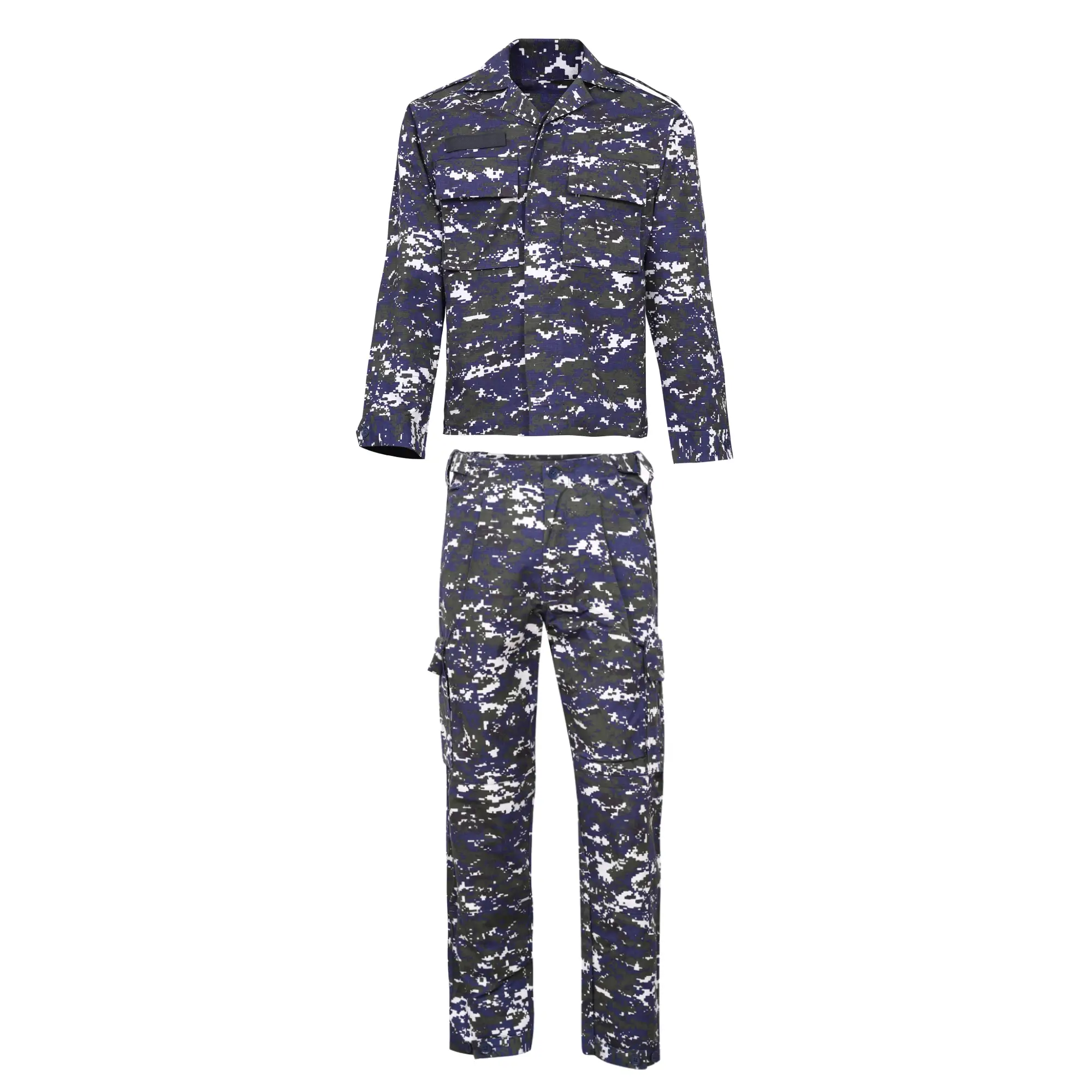 Naval Combat Suit Uniform in blue and green digital camouflage.