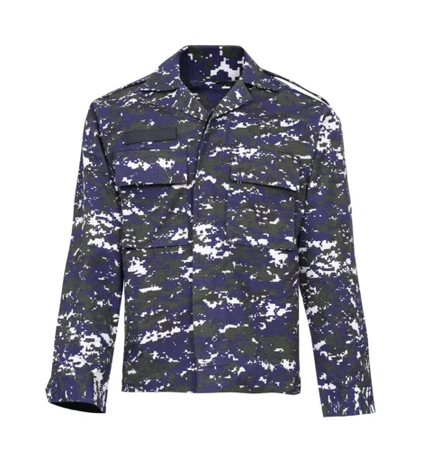 Front view of Naval Combat Suit Uniform shirt in blue and green digital camouflage.