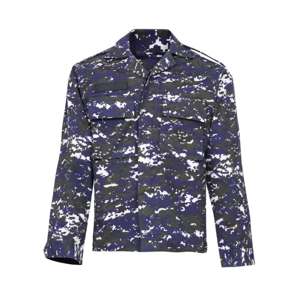 Front view of Naval Combat Suit Uniform shirt in blue and green digital camouflage.