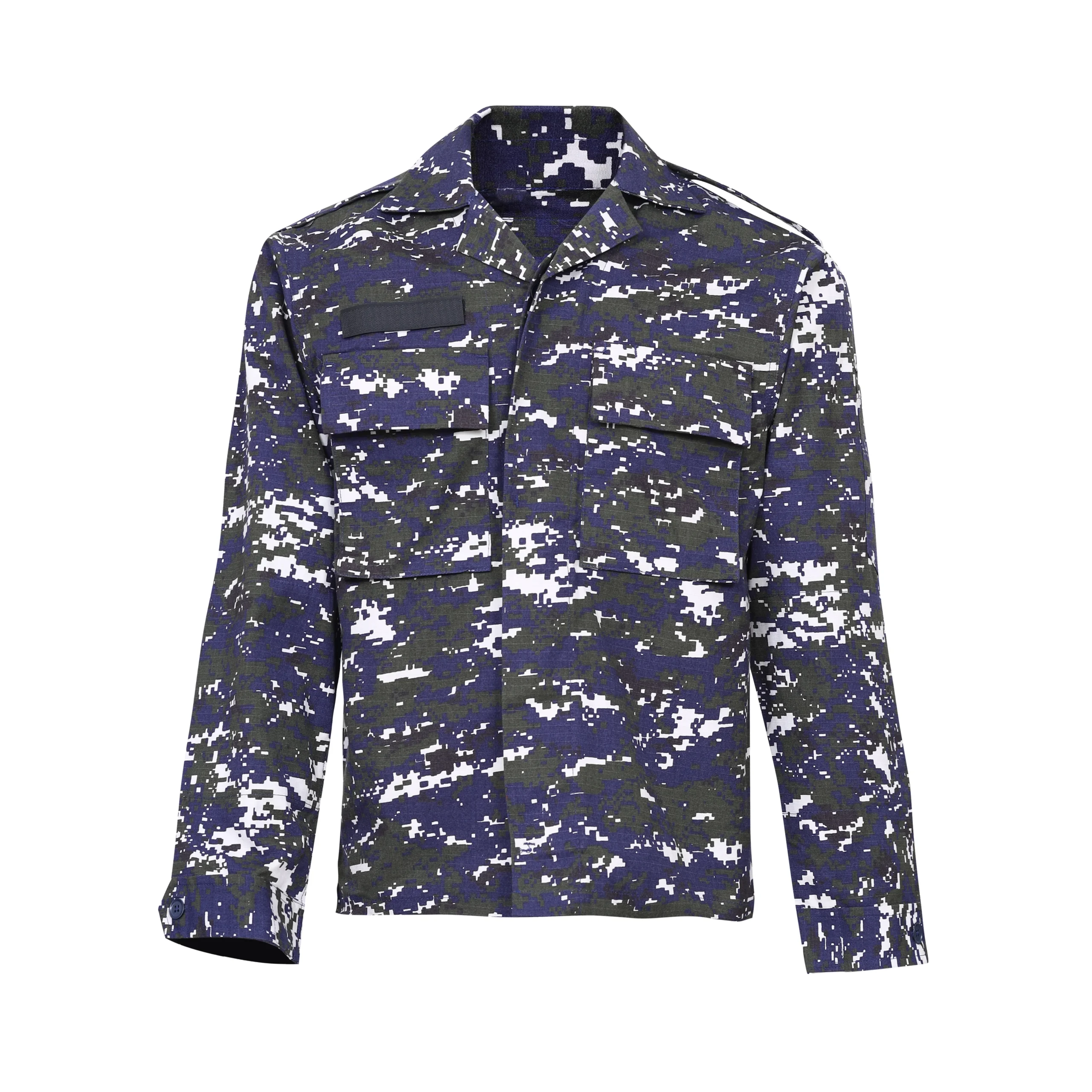 Front view of Naval Combat Suit Uniform shirt in blue and green digital camouflage.