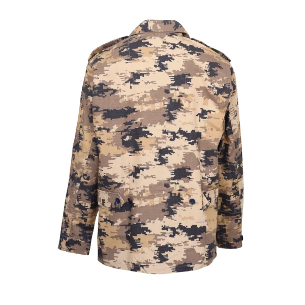 Back view of the Aramid tactical uniform top, showing loop faced shoulder pockets designed for patches and skill tabs.
