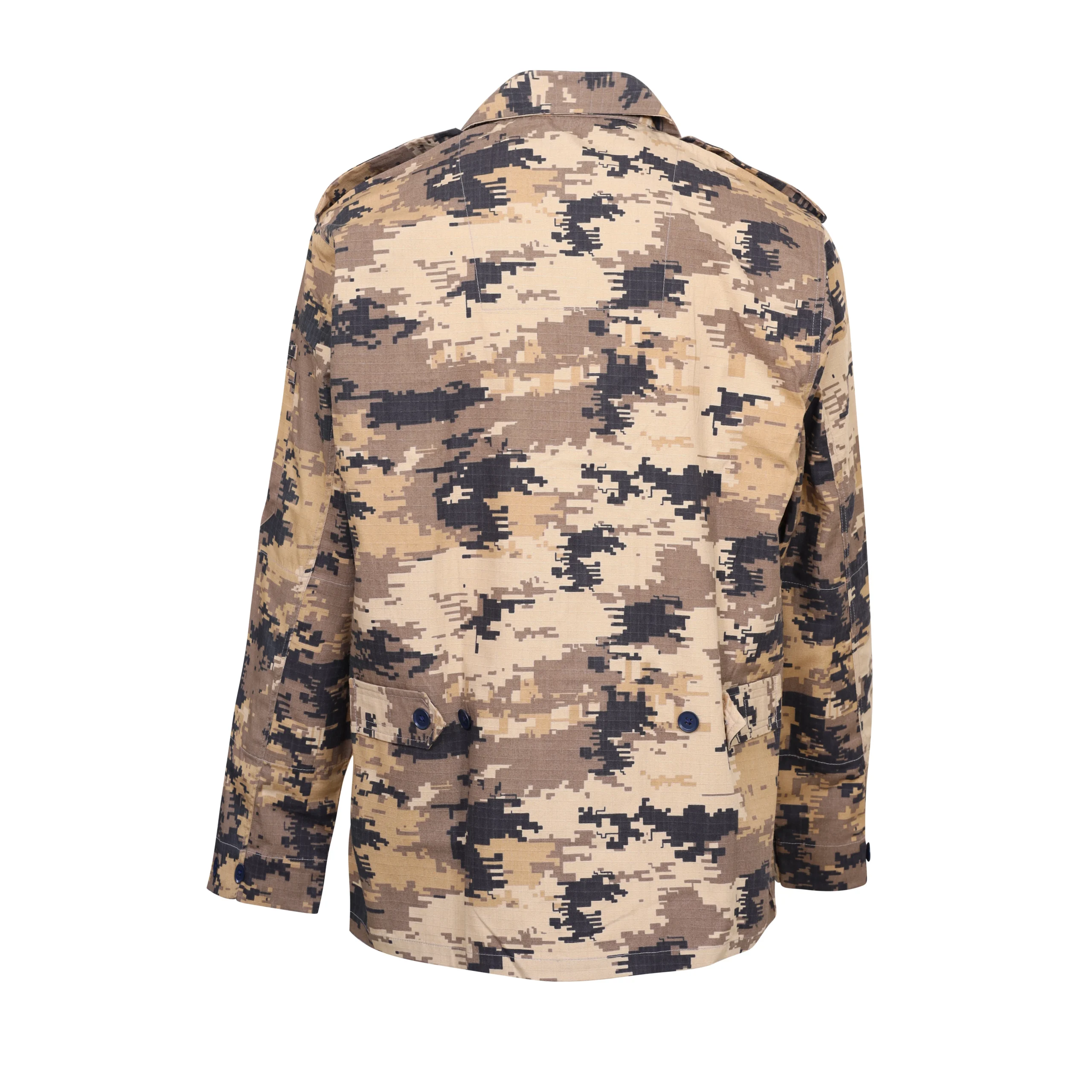 Back view of the Aramid tactical uniform top, showing loop faced shoulder pockets designed for patches and skill tabs.