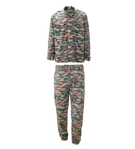 Front view of the Indian Army's new digital camouflage combat suit, showing the angular chest pockets and sleeve pockets.