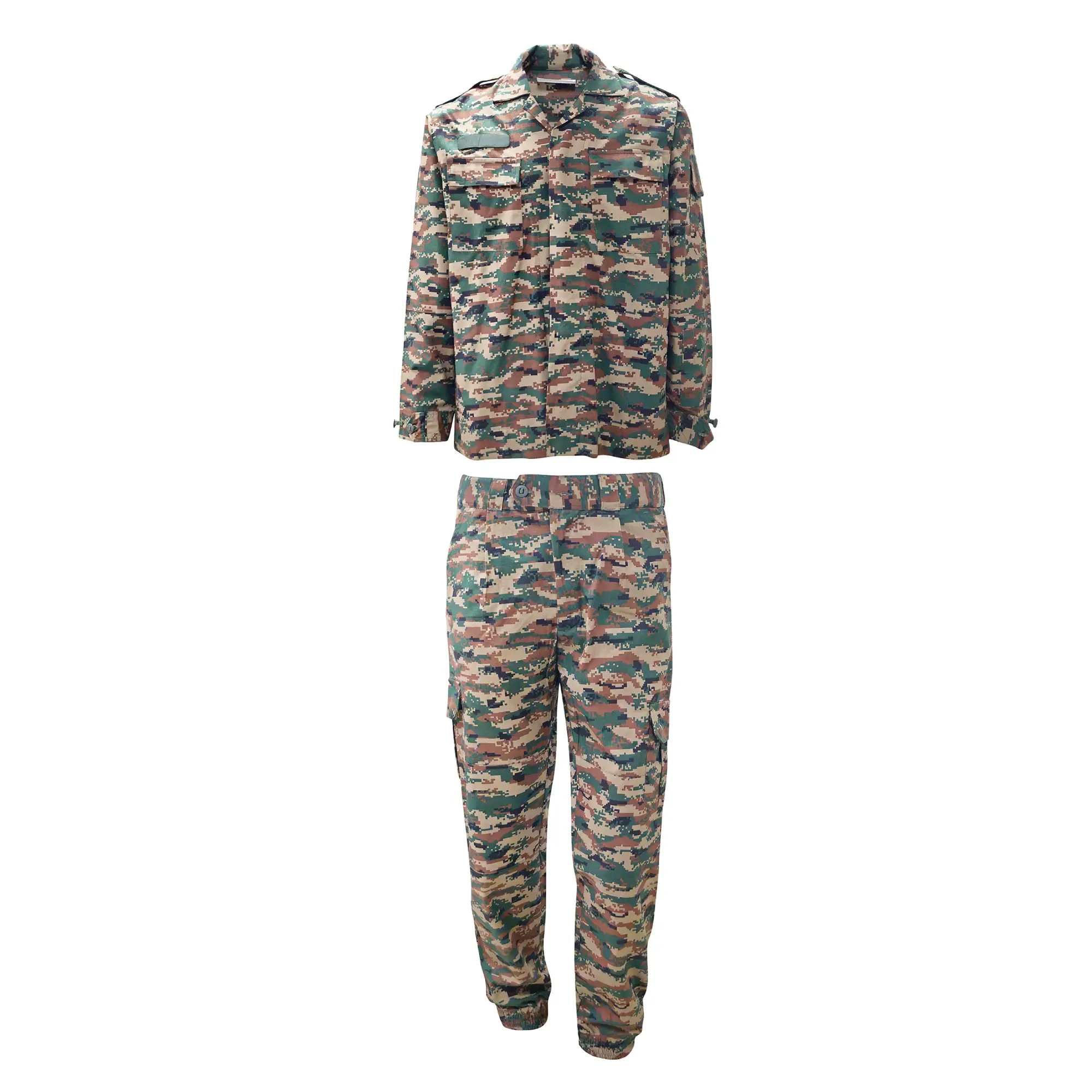 Front view of the Indian Army's new digital camouflage combat suit, showing the angular chest pockets and sleeve pockets.