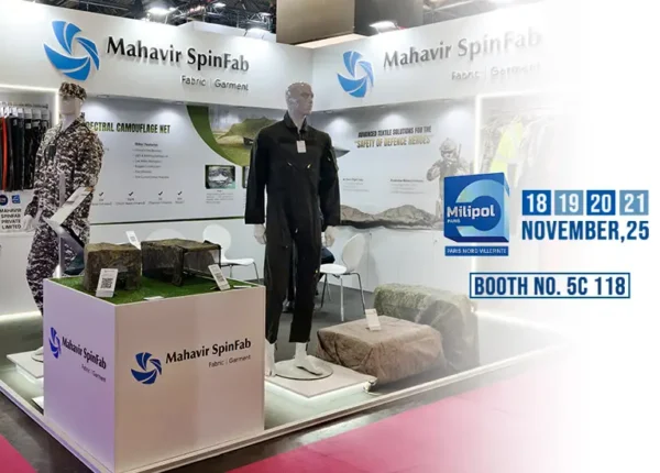 Mahavir Spinfab booth 5C 118 at Milipol Paris 2025 showcasing next-gen defence textiles, combat suits, and camouflage nets.