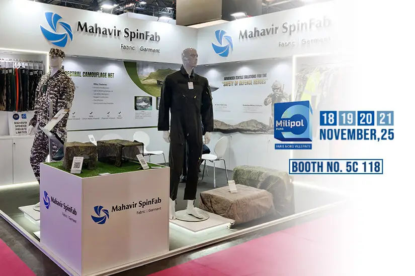 Mahavir Spinfab booth 5C 118 at Milipol Paris 2025 showcasing next-gen defence textiles, combat suits, and camouflage nets.