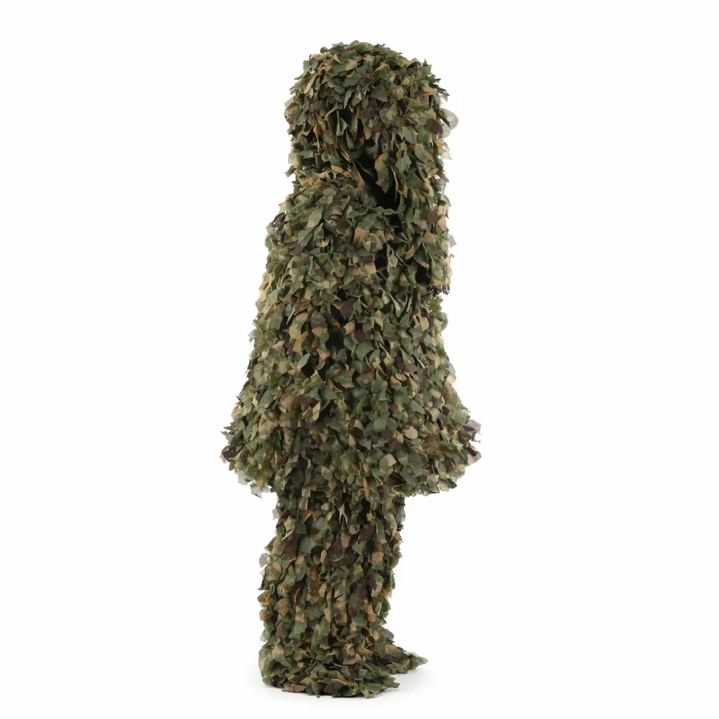 Side view of 3D Leaf Ghillie Suit showing full coverage hooded jacket and pants for hunting and tactical outdoor use