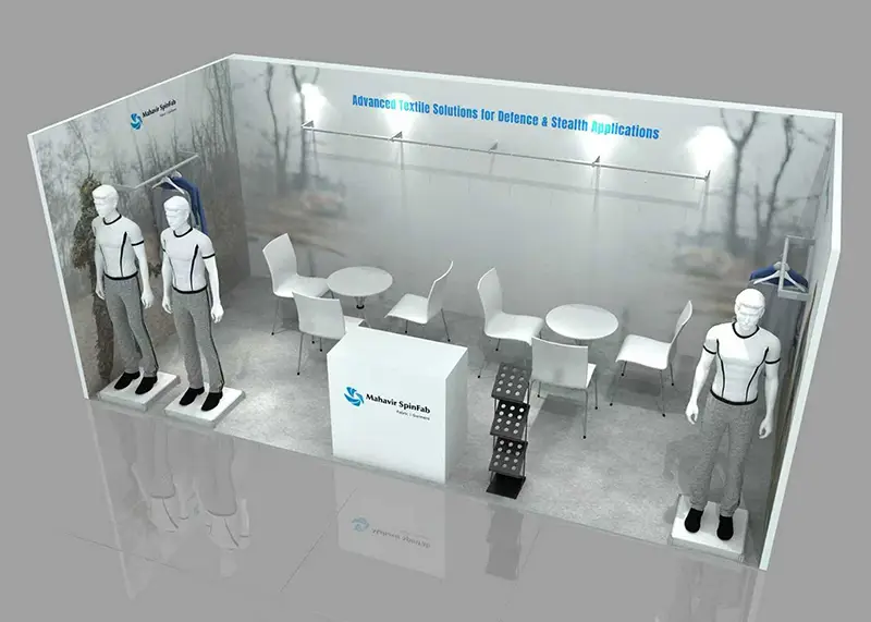 Mahavir Spinfab SHOT Show 2026 exhibition booth showcasing advanced defence textiles, camouflage fabrics, FR garments and stealth applications