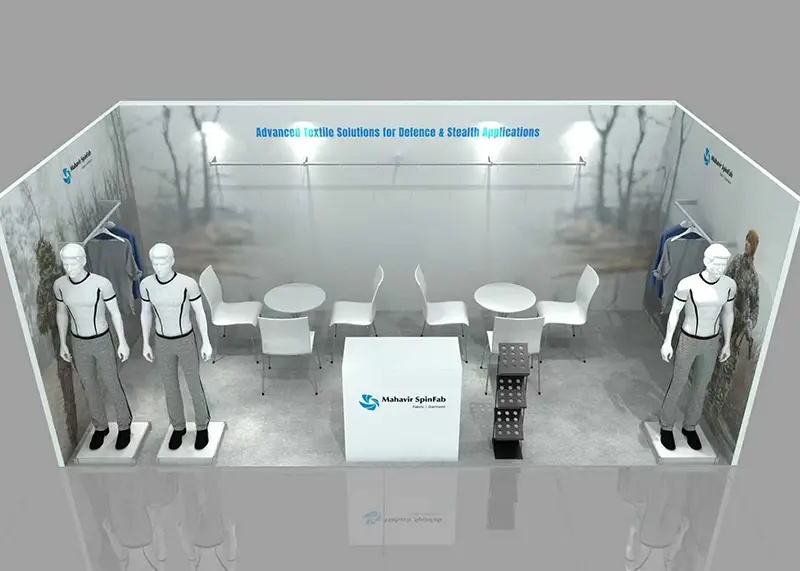 Front view of Mahavir Spinfab SHOT Show 2026 booth displaying defence textile solutions, camouflage apparel, FR clothing and tactical fabric applications