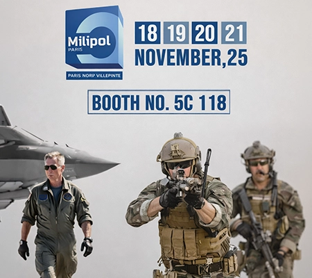 Mahavir Spinfab at Milipol Paris 2025 booth 5C 118, featuring Defence Protective Solutions and fabrics. Exhibition dates: November 18-21, 2025.