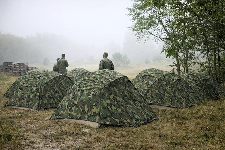 ShadowGuard multi-spectral combat tent for military and tactical field operations, 2-person lightweight camouflage shelter