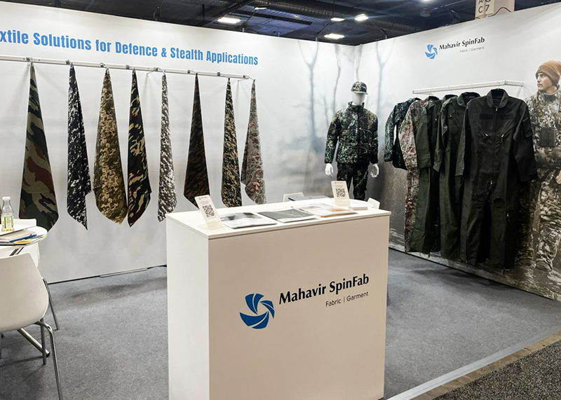 Mahavir Spinfab SHOT Show 2026 exhibition booth showcasing advanced defence textiles, camouflage fabrics, FR garments and stealth applications