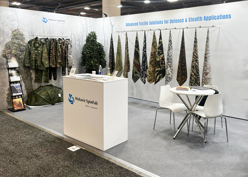 Mahavir Spinfab SHOT Show 2026 exhibition booth showcasing advanced defence textiles, camouflage fabrics, FR garments and stealth applications
