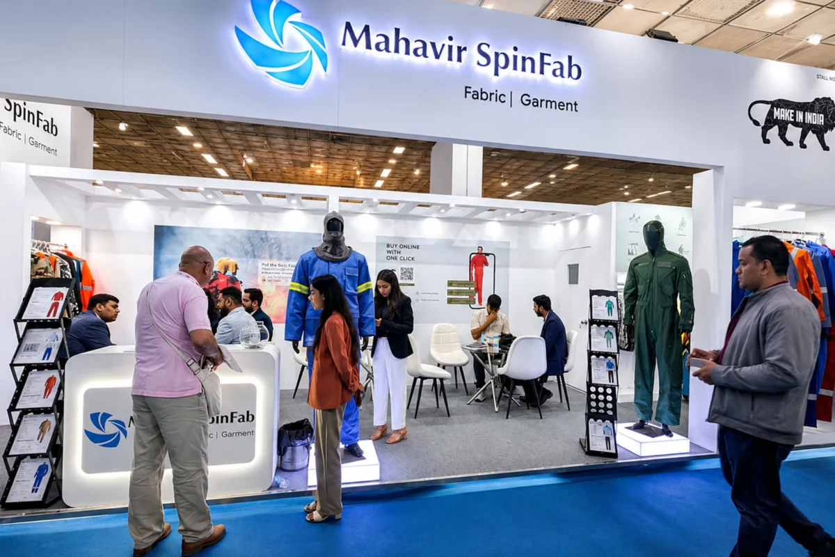 Mahavir SpinFab exhibition booth at Bharat Tex 2024 showcasing IFR, FR and arc flash protective clothing solutions