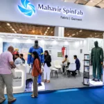 Mahavir SpinFab exhibition booth at Bharat Tex 2024 showcasing IFR, FR and arc flash protective clothing solutions