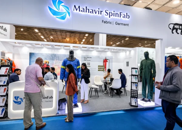 Mahavir SpinFab exhibition booth at Bharat Tex 2024 showcasing IFR, FR and arc flash protective clothing solutions