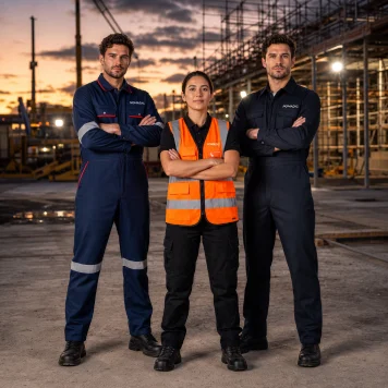 Construction workers wearing high visibility industrial safety workwear at a construction site