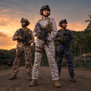 Defence personnel wearing camouflage military uniforms and tactical protective clothing