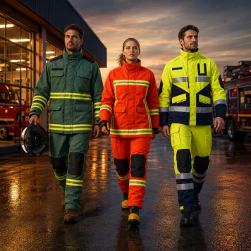 Firefighters wearing flame resistant protective clothing and high visibility emergency response workwear