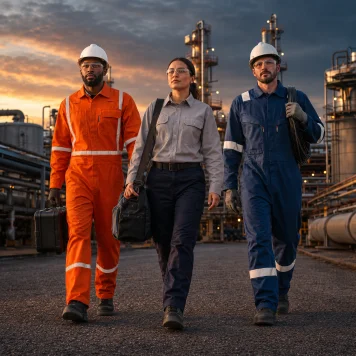 Oil and gas workers wearing flame resistant FR protective workwear at an industrial facility