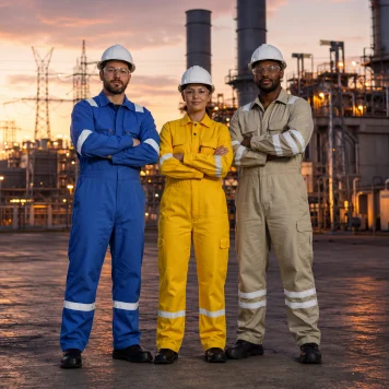 Power generation workers wearing arc rated FR protective clothing at an electrical power plant