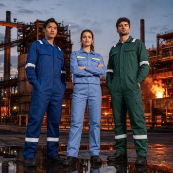 Metal industry workers wearing heat and molten metal protective workwear at a smelting plant